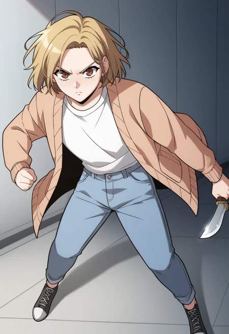 source_anime,anime screencap, anime coloring,intricate details,rating_explicit, masterpiece, best quality,
(best quality, absurd res, ultra detailed),,(4 finger:0.5),1girl, ((solo)), good eyes,perfect eyes,,detailed eyes, zPDXLxxx , zPDXL3, OverallDetail,detailed, detailed face
BREAK
solo,indoors,standing,front  view,
shinyoosung, short hair, blonde hair, brown eyes, white shirt, open cardigan, blue pants, jeans, denim, long sleeves, full body,  angry, holding knife, fighting pose,
, <lora:add-detail-xl:2>  <lora:shin_yoosung-02:1>