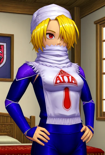 low poly, 3d, an animated character, 1girl, sheik, blonde hair, red eyes, hair over one eye, turban, mask covered mouth, blue and white outfit with emblem, in a bedroom, window, medium breasts, upper body, hands on hips
<lora:Ocarina_Low_Poly_Illustrious:1>, masterpiece, best quality, newest, absurdres, highres, safe,