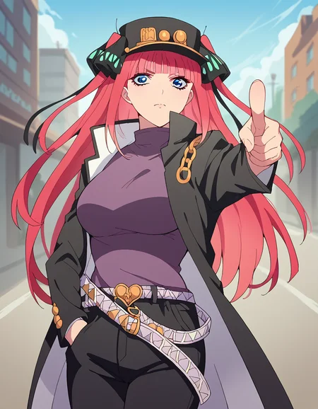 score_9, score_8_up, score_7_up, source_anime, <lora:nnakano-s2-ponyxl-lora-nochekaiser:1>, long hair, bangs, blue eyes, hair ornament, hair ribbon, pink hair, blunt bangs, two side up, butterfly hair ornament, large breasts,, <lora:kujo-jotaro-cosplay-ponyxl-lora-nochekaiser:1>, kujo jotaro cosplay, kujo jotaro (cosplay), gakuran, cosplay, belt, black headwear, black jacket, black pants, high collar, multiple belts, pants, shirt,, street, jojo pose, pointing, hand in pocket, cowboy shot, looking at viewer,
