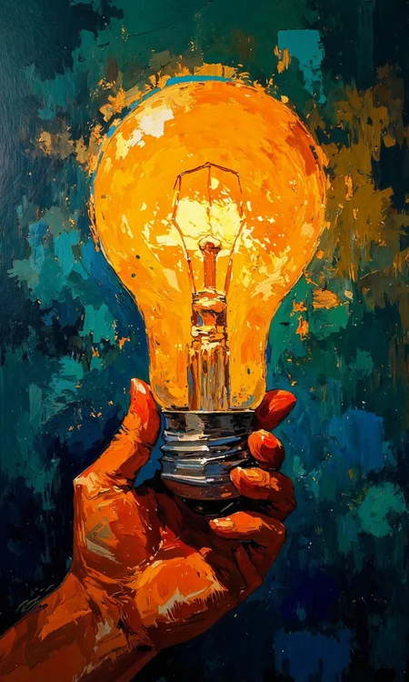 Close-up of a painting.Â 
A large lightbulb, rendered in a style reminiscent of impasto painting, is the central focus.Â The bulb is a translucent amber-gold, with visible brushstrokes creating a textured effect.Â The glowing filament within the bulb is depicted withÂ fiery orange and yellow hues. The lightbulb is held by a hand, which is a deep orange-tan color. The handâs features, including the fingers and fingernails, are meticulously detailed.Â 
The background is deep teal and navy blue, also with an impasto technique, showcasing heavy brush strokes that create a sense of depth and texture. The background colors are largely dark tones, contrasting with the vibrant light of the bulb.Â 
The lightbulb's base is a metallic silver-gray, with a textured, threaded design.Â The light seems to radiate outwards, highlighting the texture of the surrounding environment.Â The overall impression is one of illuminated brilliance set against a backdrop of a moody, deep color palette.
<lora:Test_OS:0.8>, <lora:FLUX-daubrez-DB4RZ-v2:1> DB4RZ, DB4RZ style painting