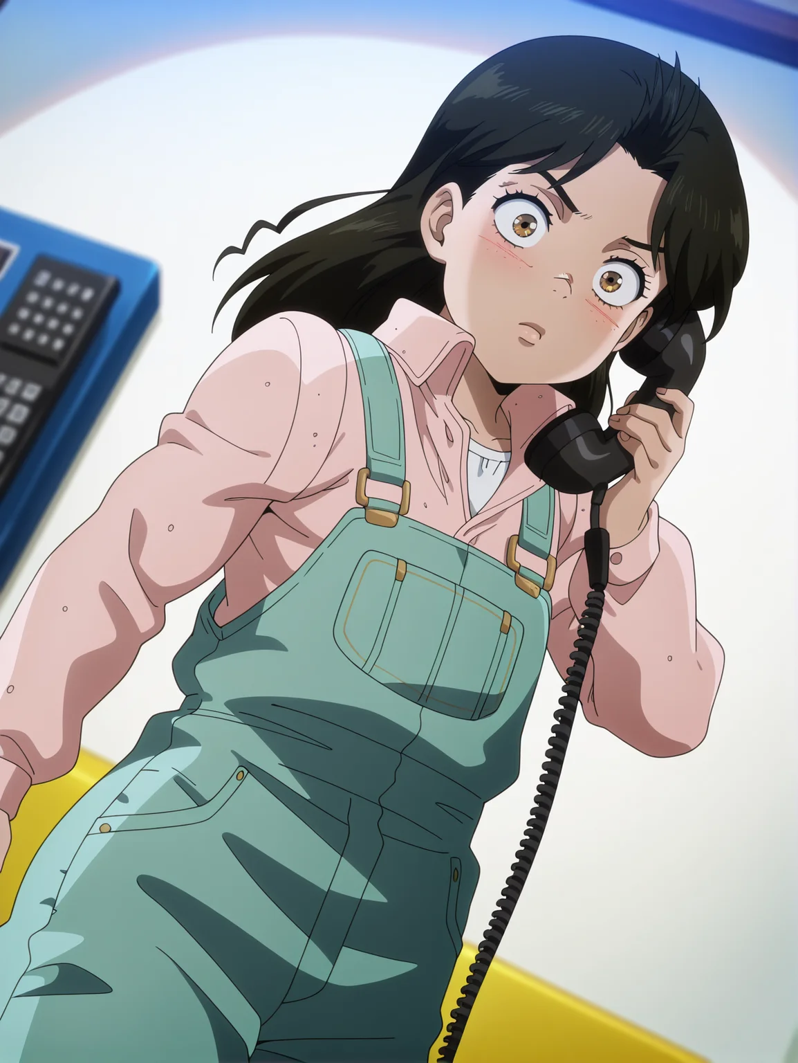masterpiece, best quality, amazing quality, absurdres, newest, dynamic_angle, defined facial features, anime coloring, anime screencap,
<lora:Anne_Merlai_IL1.1v0:1> merlai anne, brown eyes, pink shirt, green overalls, white undershirt, holding phone, phone,