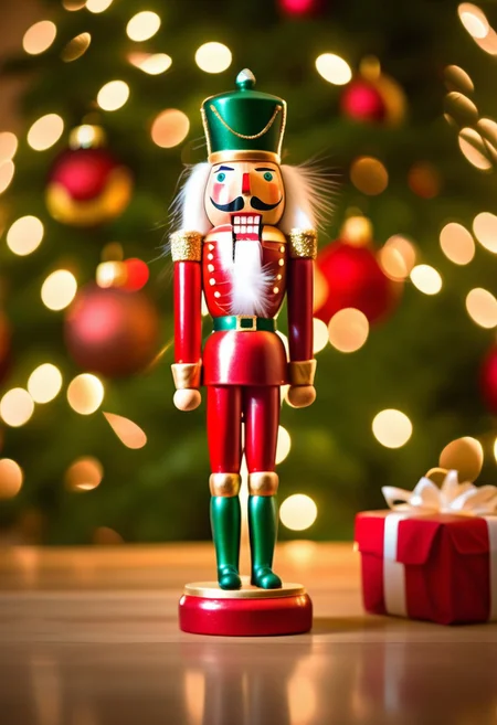 beautiful nutcracker In front of a Christmas tree, ,nutcracker,  wooden, green, red, Christmas lights, Christmas tree, no humans, depth of field , 4k, realistic,