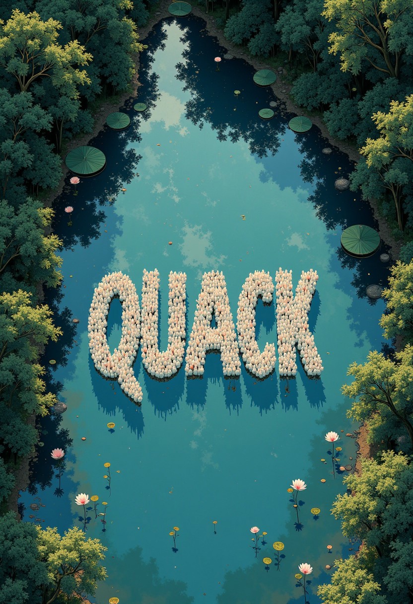 An aerial view of a serene, mirror-like pond dominates the scene, its surface an intense, pale blue that reflects the clarity of the sky above. The smooth expanse of water is interrupted by the striking, meticulously organized formation of an enormous swarm of pure white ducks. The ducks are arranged with an almost mathematical precision to spell out the word 'QUACK' in bold, capital letters, their placement so exact that it evokes a sense of awe and mystery. Each duck appears perfectly aligned, their vivid white plumage creating a stark contrast against the pond’s tranquil blue surface.
Scattered across the edges of the pond are delicate lotus flowers, their soft hues of pink and white providing subtle accents without detracting from the commanding focus of the duck formation. The precision of the letters "QUACK", seemingly at odds with the natural surroundings, draws the viewer’s eye immediately to the center of the composition. The surreal nature of the scene is heightened by the unnatural alignment of the ducks, as if orchestrated by an unseen force, blending a sense of calm with an eerie, almost authoritarian undertone.
The surrounding forest, though dense and verdant, is intentionally understated, acting as a soft frame to accentuate the pond and the striking pattern of the ducks is adding a painterly texture to the hyper-realistic details of the scene.