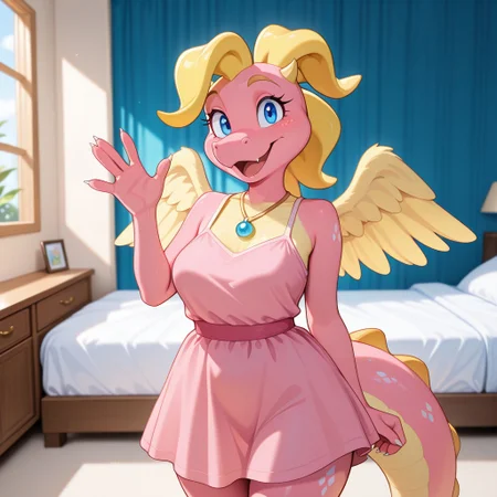 1girl, highres, absurdres, newest, masterpiece, best quality, furry, furry_female, detailed eyes, Cassie_dt, pink scales, yellow wings, blonde hair, small horns, tail, claws, blue eyes, necklace, 1girl, anthro, pink dress, (standing, waving, happy), open_mouth, open mouth smile, luxurious detailed room, bright room, day scene, professional lighting, white bed, solo, bedroom, smiling, seductive, looking_at_viewer, masterpiece, close up, safe