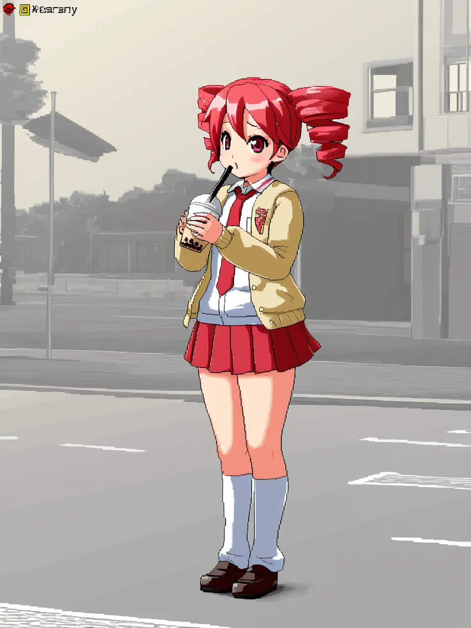 masterpiece, best quality, amazing quality, very aesthetic, absurdres, (3d:0.4), limited palette, pixel art, jittering, outdoors,
<lora:isu:1>, detailed_background, break
1girl, kasane teto, standing, pleated skirt, open cardigan, gyaru, holding, bubble tea, street, school uniform,
