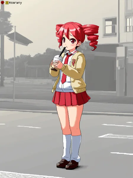 masterpiece, best quality, amazing quality, very aesthetic, absurdres, (3d:0.4), limited palette, pixel art, jittering, outdoors,
<lora:isu:1>, detailed_background, break
1girl, kasane teto, standing, pleated skirt, open cardigan, gyaru, holding, bubble tea, street, school uniform,