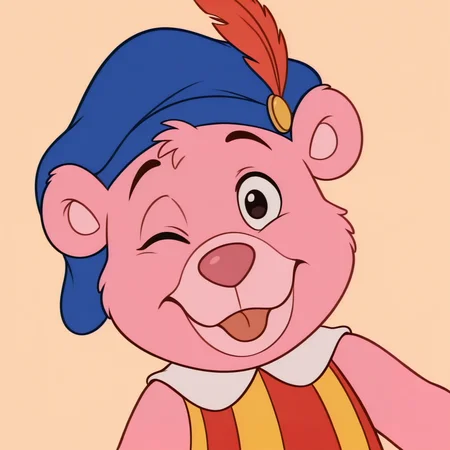cubbigummixl, cartoon, anthro, solo, pink bear, striped tunic, blue hat with feather, looking at viewer, tongue out, playful, upper body, excited, wink, dutch angle, grimace, mischievous, white collar, winking at viewer, blep,
