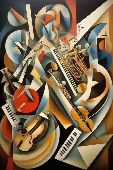 <lora:Jean Metzinger Style:1>Jean Metzinger Style - Create a painting in the style of Futurism consisting of 10 parts, each representing a distinct aspect of art. The first part should depict an abstract geometric shape symbolizing the beginning of art. The second part should convey music and musical instruments. The third part should express dance and movement. The fourth part should reflect literature and the written word. The fifth part should embody theater and dramaturgy. The sixth part should represent painting and visual arts. The seventh part should depict sculpture and three-dimensional forms. The eighth part should reflect cinematography and films. The ninth part should represent contemporary technologies and art in the digital era. And finally, the tenth part should bring together all the previous elements and symbols into a cohesive whole. Please create such a painting, exploring the diversity of art and its connection to various spheres of life."