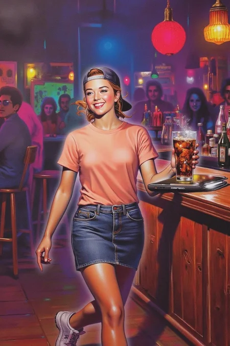 chenu1 illustration.
The air buzzes with the energy of a busy bar, a mix of music, conversation, and the clinking of glasses. A barmaid, the embodiment of youthful vibrancy, navigates the lively scene. She wears a peach-coloured T-shirt, the soft fabric contrasting with the smooth, cold glass of coke she carries on a small tablet. Her short skirt adds a playful touch, and a backwards baseball cap hints at a carefree attitude. The setting and atmosphere are palpable: the warm, slightly sticky surface of the bar counter under her fingertips, the dim, colourful lighting that casts playful shadows. Sensory details are abundant: the condensation forming on the glass of coke, the texture of her denim skirt, and the way the bar lights catch the highlights in her hair. Her confident stride, her quick smile, and her efficient movements. Stylistically, the image draws inspiration from the vibrant, candid shots of nightlife photographers, with a touch of the stylized realism found in contemporary illustration. There's a deliberate contrast between the barmaid's youthful energy and the slightly worn, lived-in atmosphere of the bar, creating a dynamic and engaging image.
<lora:chenu2_poster_cap_d6a3:1.0><lora:822510001521232357:0>