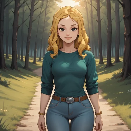 score_9, score_8, BREAK, solo, dark green sweater, cyan undershirt, light blue jeans, belt, bracelet, blonde hair, black eyes, lips, breasts, black and white shoes, total drama, Carrie_(Total_Drama), tdtrr, cute, sexy pose, self portrait, smile, outdoors, sunlight, shadows, evening lighting, natural lighting, forest, trees, grass, orange sky, sunset