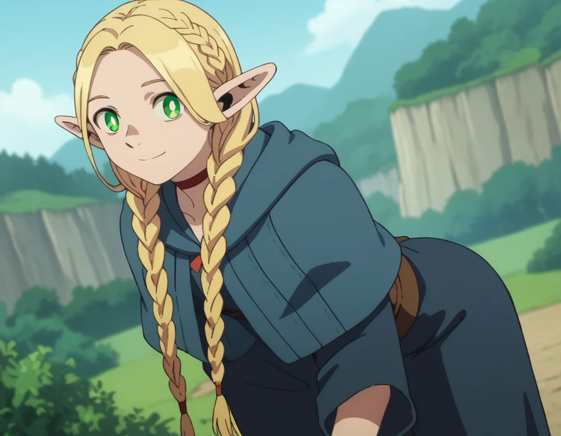 score_9, score_8_up, score_7_up, source_anime,
marcilledonato, <lora:marcille-donato-s1-ponyxl-lora-nochekaiser:1>,
marcille donato, long hair, blonde hair, green eyes, braid, pointy ears, twin braids, elf, bright pupils, parted bangs,
choker, robe, red choker,
outdoors, landscape, bent over, smile,
looking at viewer, solo, cowboy shot, dutch angle,