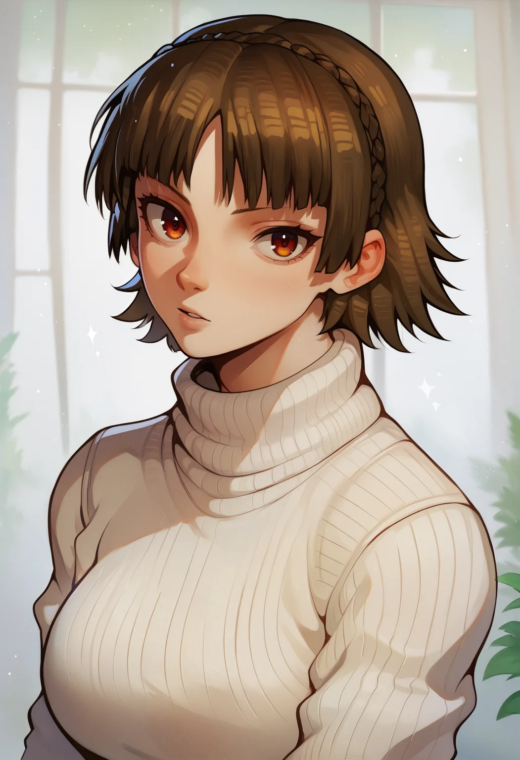 score_9, score_7_up, <lora:fluffydango-guy-PONY-DORAv2:1>, 1girl, solo, (niijima makoto):0.7, portrait, white sweater, looking at viewer, parted lips
