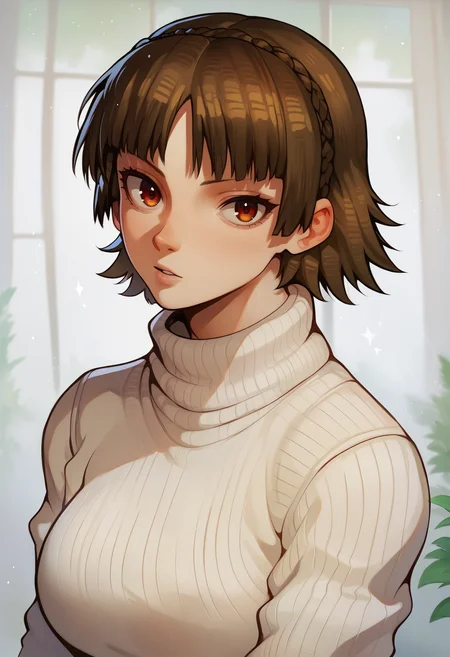 score_9, score_7_up, <lora:fluffydango-guy-PONY-DORAv2:1>, 1girl, solo, (niijima makoto):0.7, portrait, white sweater, looking at viewer, parted lips