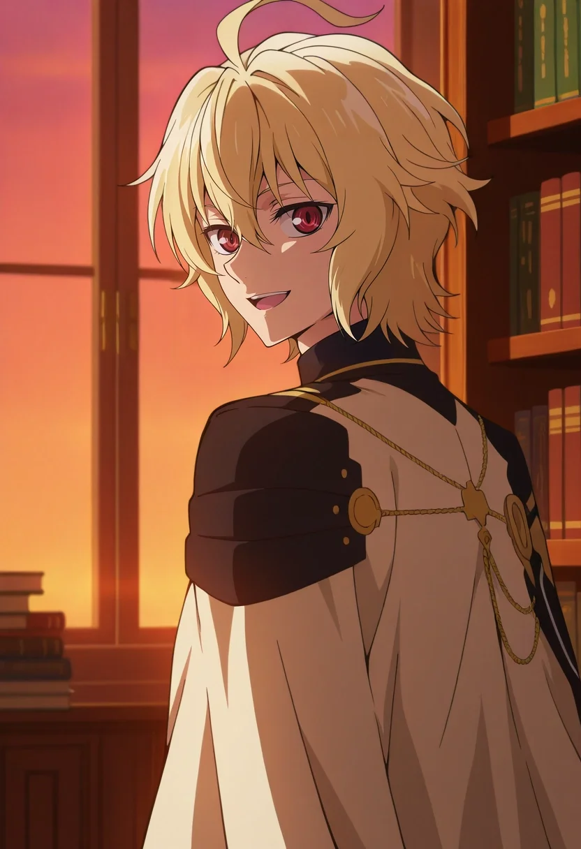 masterpiece, best quality, intricate details, anime screencap, , official style, , 1boy, solo, male focus, <lora:mikaela_hyakuya_ilxl:0.96>, mikaela_hyakuya, blonde hair, red eyes, short hair, hair between eyes, bangs, ahoge, , from side, library, books, dusk, looking back, :D,