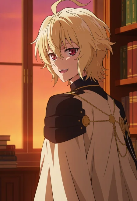 masterpiece, best quality, intricate details, anime screencap, , official style, , 1boy, solo, male focus, <lora:mikaela_hyakuya_ilxl:0.96>, mikaela_hyakuya, blonde hair, red eyes, short hair, hair between eyes, bangs, ahoge, , from side, library, books, dusk, looking back, :D,