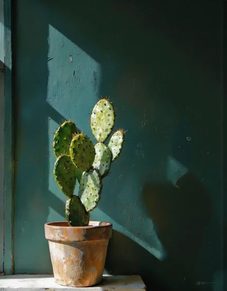 By Donna Young. A small cactus plant in a terracotta pot placed on a window sill against a dark teal wall. the cactus is positioned in the center of the image, with its spiky, green leaves standing out against the neutral tones of the wall and the window. the pot is a light brown color with a slightly rough texture, and the sunlight is casting a warm, golden glow on the plant, casting a gentle shadow on the wall behind it. the overall mood is peaceful and serene, with a focus on the natural beauty of the plant.