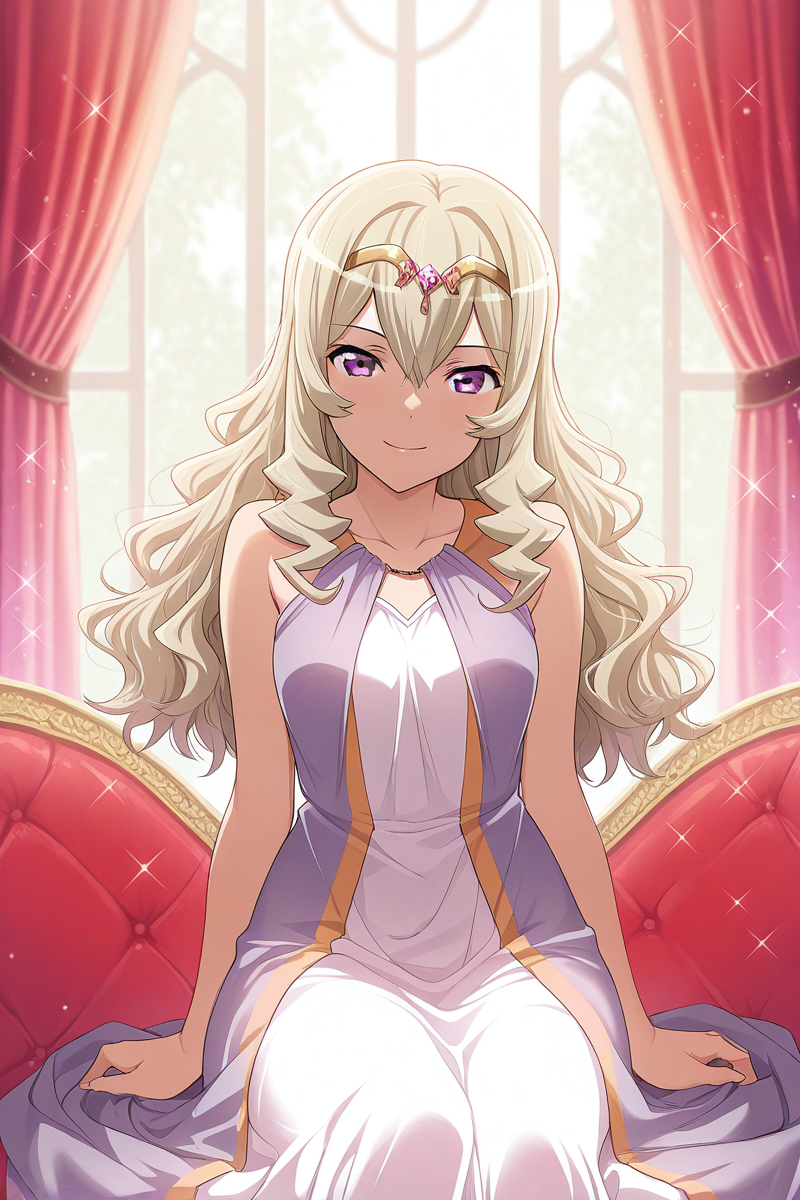masterpiece, best quality, amazing quality,
 <lora:Claudine_IL:1> claudine, 1girl, long hair, solo, blonde hair, dress, smile, sitting, circlet, looking at viewer, sparkle, purple eyes, hair between eyes, wavy hair, curtains, bare shoulders