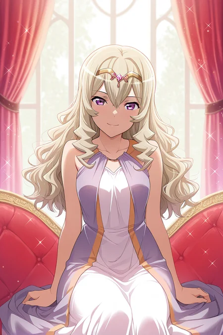 masterpiece, best quality, amazing quality,
<lora:Claudine_IL:1> claudine, 1girl, long hair, solo, blonde hair, dress, smile, sitting, circlet, looking at viewer, sparkle, purple eyes, hair between eyes, wavy hair, curtains, bare shoulders