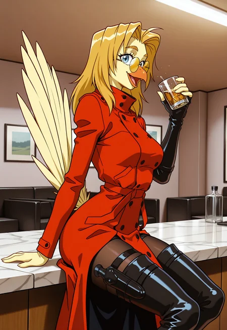 1girl, (solo), littlewing, (orange beak), (light yellow skin), colored skin, big eyes, blue eyes, one tone skin, (light yellow feathers), long hair, light orange hair, light orange eyebrows, narrow eyebrows, light yellow hands, eyelashes, open mouth, in heat, fur, body fur, light yellow bird tail, tail raised,
narrow waist, medium breasts, skinny, arched back,
red coat,buttoned,one long glove,left long glove,black footwear,shoes,loafers, thigh boots, black pantyhose, thigh holster, holding whiskey, round eyewear, yellow sunglasses,
indoors,restaurant, cowboy shot, dynamic pose, from side, sitting, looking at viewer,
masterpiece, best quality, amazing quality, very aesthetic, absurdres, newest,