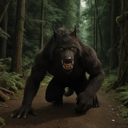 score 9, score 8, score 7, score 6, 1boy, furry male, solo, black fur, animal ears, yellow eyes, sharp teeth, claws, werewolf on down on all paws with tail in the air, wagging tail, trying to look friendly, forest
