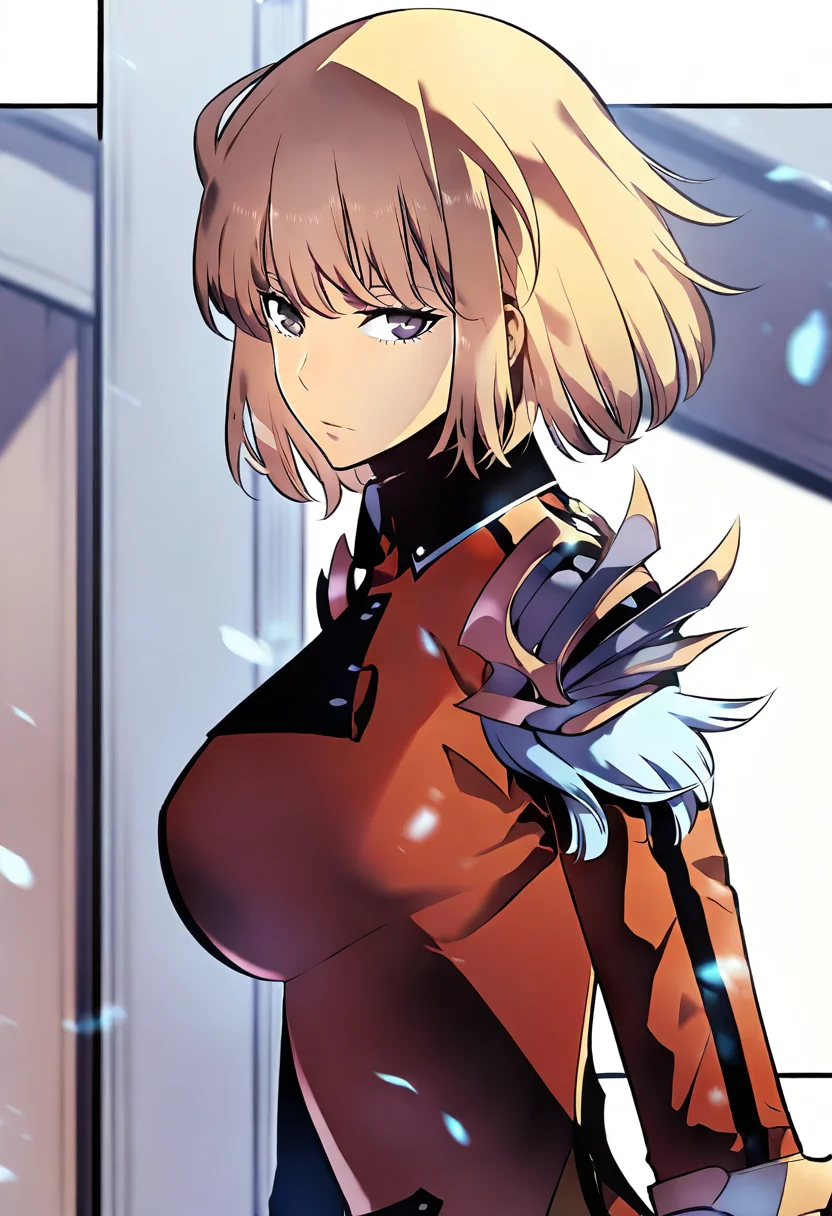 8K, depth of field, focused subject, best quality, <lora:solo_leveling_by_readandsign_fin-000014:1>,
rf64u, hae-in cha (solo leveling) 1girl, solo, breasts, looking at viewer, short hair, bangs, blonde hair, large breasts, long sleeves, medium breasts, closed mouth, purple eyes, upper body, armor, uniform, from side, looking to the side, grey eyes, military, military uniform, shoulder armor, red jacket, pauldrons, shoulder pads