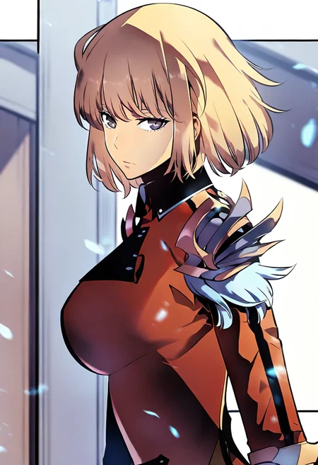 8K, depth of field, focused subject, best quality, <lora:solo_leveling_by_readandsign_fin-000014:1>,
rf64u, hae-in cha (solo leveling) 1girl, solo, breasts, looking at viewer, short hair, bangs, blonde hair, large breasts, long sleeves, medium breasts, closed mouth, purple eyes, upper body, armor, uniform, from side, looking to the side, grey eyes, military, military uniform, shoulder armor, red jacket, pauldrons, shoulder pads