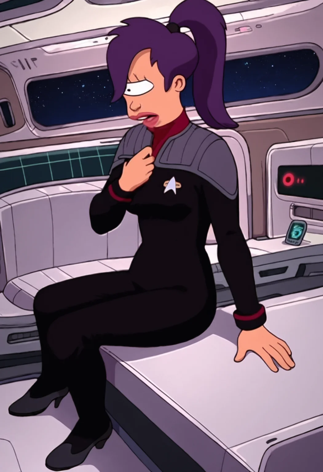 score_9, score_8_up, score_7_up, score_6_up, score_5_up, score_4_up, source_cartoon,Leelafut, in a spaceship, cyclops , purple hair, ponytail,sitting in a chair,spaceship interrior,space,universe<lora:Leela_-_Futurama_PonyXL>
ds9st,black and grey star trek uniform,(grey shoulders),red neck,red strip at wrist,black jumpsuit,long  black sleeves,black pants<lora:ponyDS9>