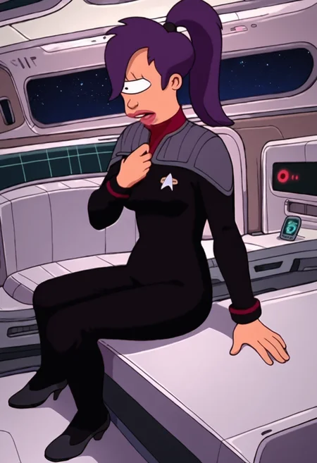score_9, score_8_up, score_7_up, score_6_up, score_5_up, score_4_up, source_cartoon,Leelafut, in a spaceship, cyclops , purple hair, ponytail,sitting in a chair,spaceship interrior,space,universe<lora:Leela_-_Futurama_PonyXL>
ds9st,black and grey star trek uniform,(grey shoulders),red neck,red strip at wrist,black jumpsuit,long black sleeves,black pants<lora:ponyDS9>