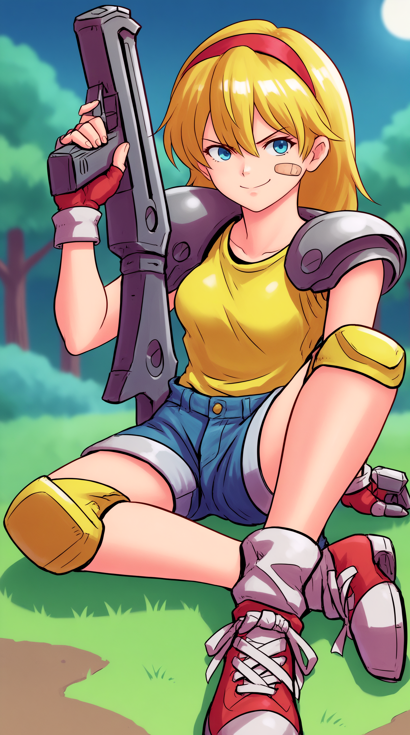 score_9, score_8_up, score_7_up,anime_source, source_anime, best background, detailed background, anime screencap, 4k, upscaled,  Ootorii Mania, Main Outfit, solo, smile, sitting, weapon, armor, outdoors, night, gun, shoulder armor, knee pads  <lora:JN_Ootorii_Mania_Pony:0.8>