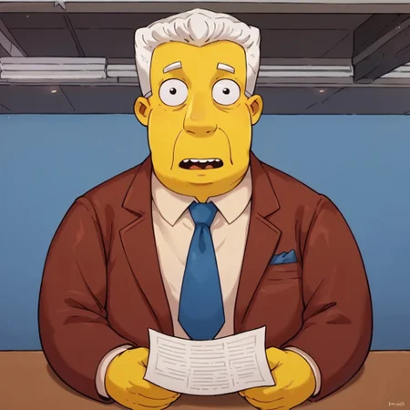 Solo, big eyes, round eyes, black eyes, round belly, yellow skin, short hair, combed back, white hair, wide face, thick white eyebrows, prominent nose, round ears, score_9, score_8_up, score_7_up, score_6_up, male, solo, chubby, fat, big body, neutral expression, holding a paper with both hands, brown suit, blue tie, beige shirt under suit, sitting, brown table, looking for the viewer, blue background, a sign in the background saying "elections 2025"