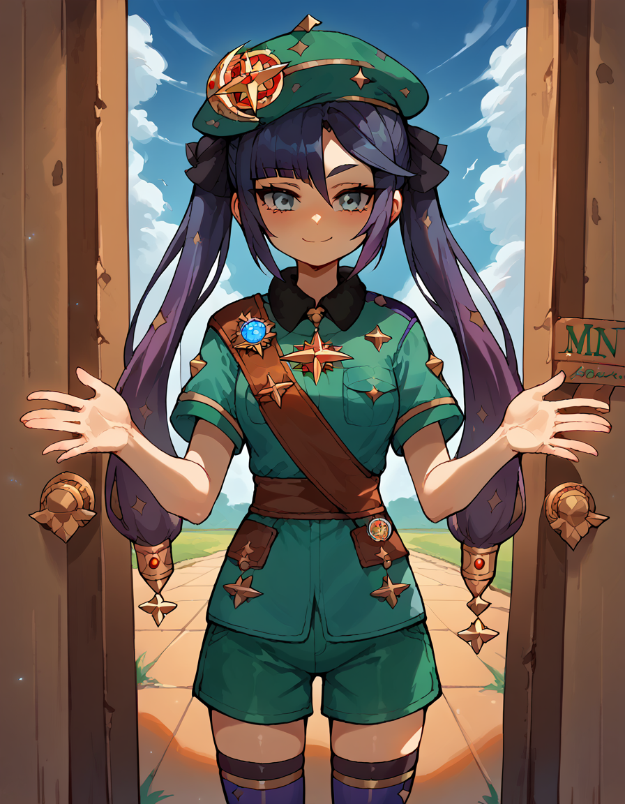 score_9, score_8_up, score_7_up, source_anime, <lora:mona-megistus-ponyxl-lora-nochekaiser:1>, mona megistus, long hair, bangs, hair between eyes, twintails, purple hair, medium breasts, <lora:girl-scout-uniform-ponyxl-lora-nochekaiser:1> girl scout uniform, badge, beret, breast pocket, girl scout, green hat, hat, short sleeves, shirt, green shirt, shoulder sash, medal, button badge, uniform, shorts, green shorts, short shorts, kneehighs,, smile, blush, looking at viewer, blue sky, clouds, entrance, doorway, <lora:incoming-gift-ponyxl-lora-nochekaiser:1>, incoming gift, outstretched arms, holding, holding box, box, cardboard box,, cowboy shot,