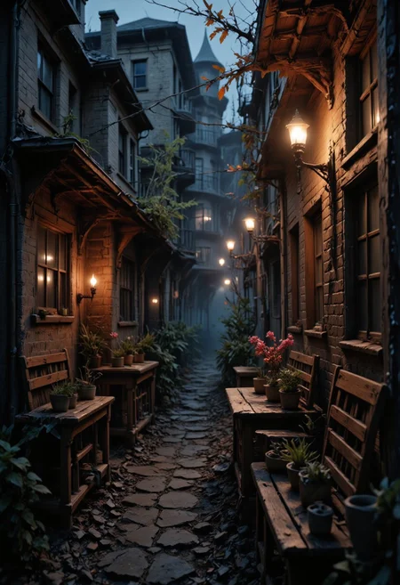 oil on dirty gauze, those who go to bed have a good night's sleep, residential area of ​​the city, epic, hyperrealism, fantasy atmosphere, ferrotype defects, candle, visual paradox, causticity, dark theme, cuteness overload, ladyrecore, chiaroscuro, vanishing point, professional, artistic masterpiece portrait, multilayer sheets, techniques used: lithography, chiaroscuro, atmospheric perspective, Engine of Unreality, Greg Rutkowski. 8k uhd, dust particles.