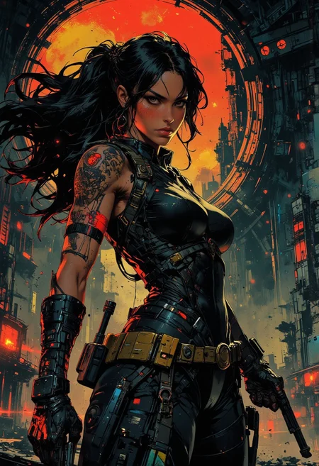 in the style of ck-mgs, nistyle, Inkplash art on rice paper, sepia, henna, Silhouette Art, magnificent, inksplash, closeup portrait, female space pirate, outlaw, large breasts, toned arms, flowing black hair, reflective black and neon red armor, armor, large breasts, holding two pistols, abstract background suggesting a futuristic city, the belly of a spaceship opening up with a ramp, midnight atmosphere, moonlight, moon rays, night, Cowboy Shot, close up,