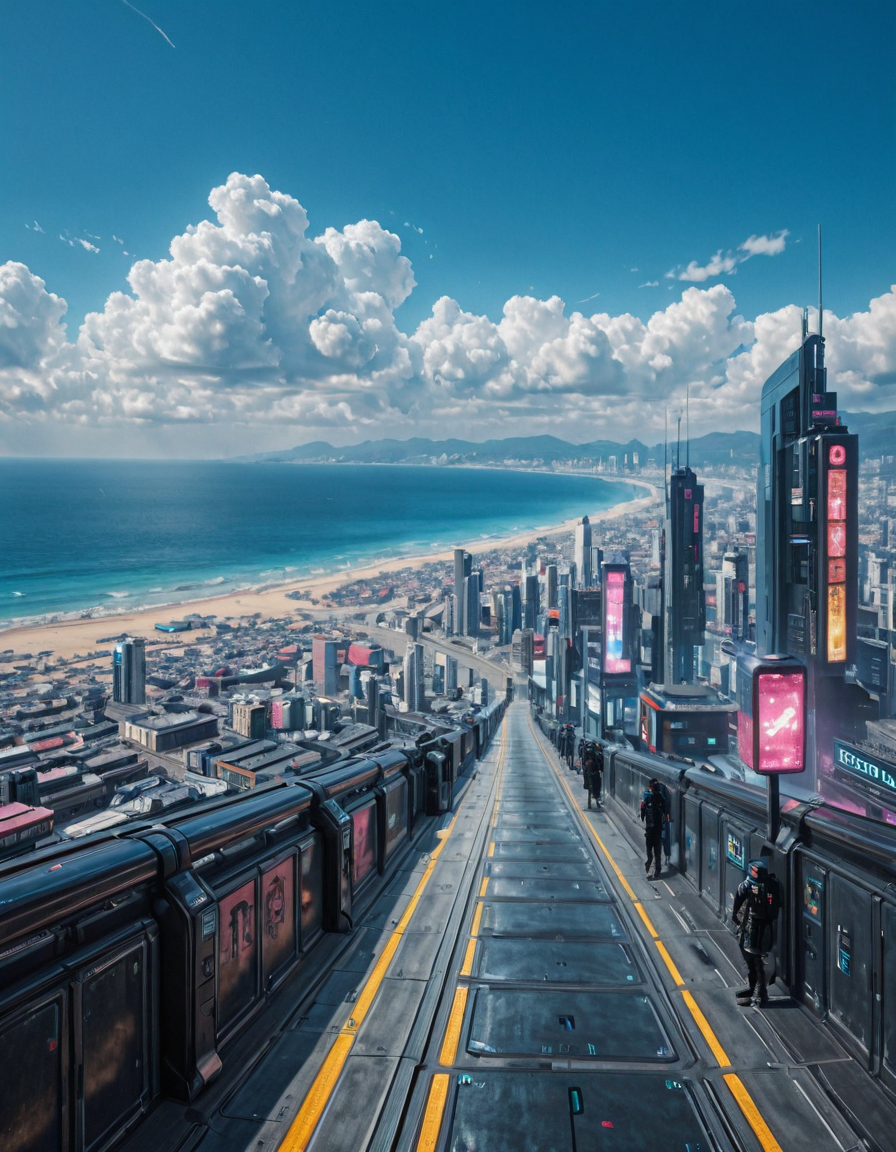 <lora:Space_Worlds_Minis_5:1> swminis5bis, cyberpunk, japan, narrow walkway, blue sky, clouds, seaside, house,