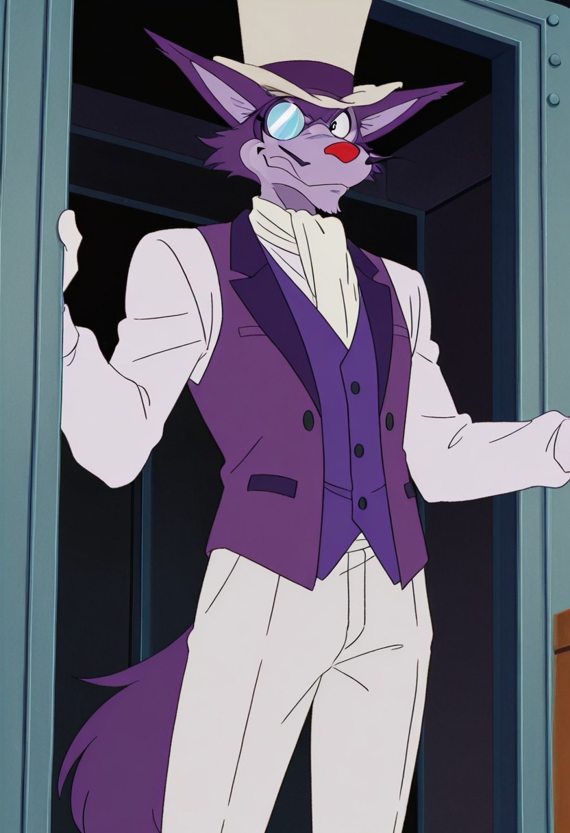 score_9, score_8_up, score_7_up, score_6_up
,
1man, solo, Professor Moriarty, wolf, purple vest, white shirt, white pants, furry, monocle of eye, whiskers, red nose, ears spread out, Anime, male, purple body, standing, anime screencap