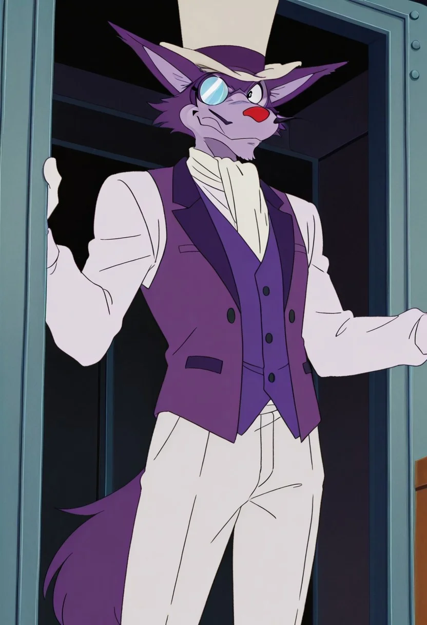 score_9, score_8_up, score_7_up, score_6_up
,
1man, solo, Professor Moriarty, wolf, purple vest, white shirt, white pants, furry, monocle of eye, whiskers, red nose, ears spread out, Anime, male, purple body, standing, anime screencap