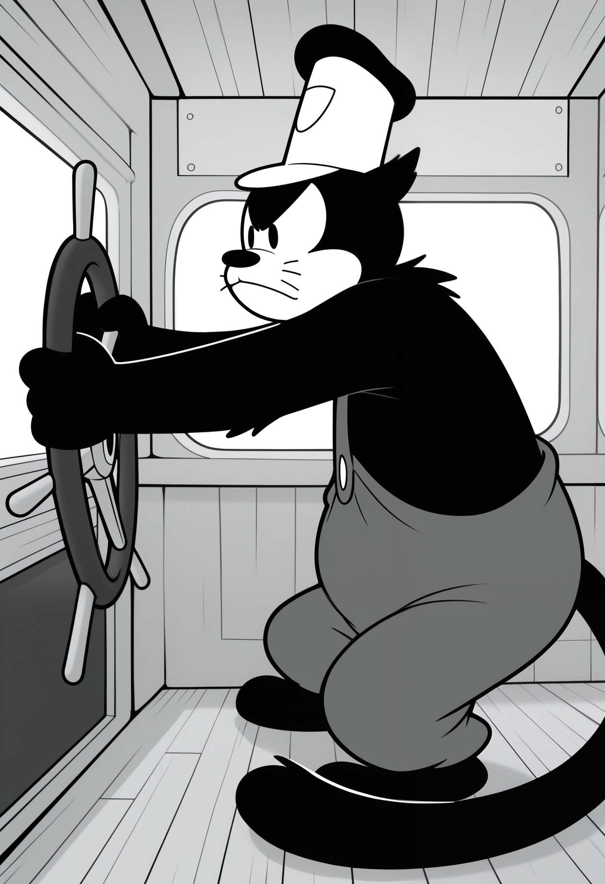 masterpiece,best quality,amazing quality,1boy, solo, p3t3, monochrome, furry male,  whiskers, tail, captain hat, overalls, on ship, holding_steering_wheel, 