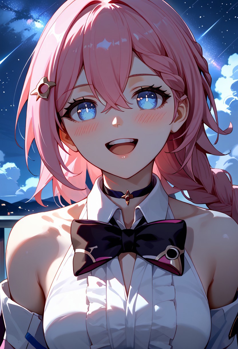 score_9,score_8_up,score_7_up,source_anime,ASTA_(HONKAI_STAR_RAIL),1girl,solo,long pink hair,blush,smile,open mouth,blue eyes,shirt,hair ornament,bow,hair between eyes,bare shoulders,white shirt,upper body,braid,:d,teeth,sky,collared shirt,choker,virtual youtuber,hairclip,bowtie,black bow,upper teeth only,black choker,night,looking up,star \(sky\),night sky,starry sky,black bowtie,