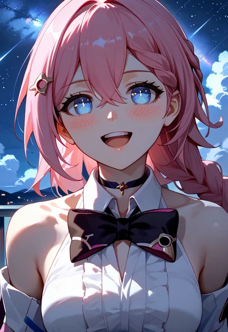 score_9,score_8_up,score_7_up,source_anime,ASTA_(HONKAI_STAR_RAIL),1girl,solo,long pink hair,blush,smile,open mouth,blue eyes,shirt,hair ornament,bow,hair between eyes,bare shoulders,white shirt,upper body,braid,:d,teeth,sky,collared shirt,choker,virtual youtuber,hairclip,bowtie,black bow,upper teeth only,black choker,night,looking up,star \(sky\),night sky,starry sky,black bowtie,