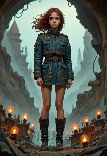 1girl, side view, she is Nausica of the Valley of the Wind, solo, masterpiece, absurdres, best quality, (colorful), cinematic lighting, realistic, dynamic pose, extremely detailed, head turned to look at viewer, red hair, beautiful detailed face,(intricate detailed blue short military jacket with gold inlaid, short miniskirt, military black boots), ((she has an extremely detailed flintlock musket in her hands)), stands alone on top of a crag among the mountains with a deep valley below, there are big stone windmills down in the valley with their blades turning in the strong wind, solo, masterpiece, absurdres, dynamic pose, the Sun shines over her, sun rays in her hair,subsurface scattering, remarkable color, ultra realistic, textured skin, remarkable detailed pupils, realistic dull skin noise, visible skin detail, skin fuzz, dry skin, bokeh, sharp focus on subject. no headgear,extremely detailed, looking at viewer, beautiful detailed face, subsurface scattering, remarkable color, ultra realistic, textured skin, realistic dull skin noise, visible skin detail, skin fuzz, dry skin, bokeh, sharp focus on subject.