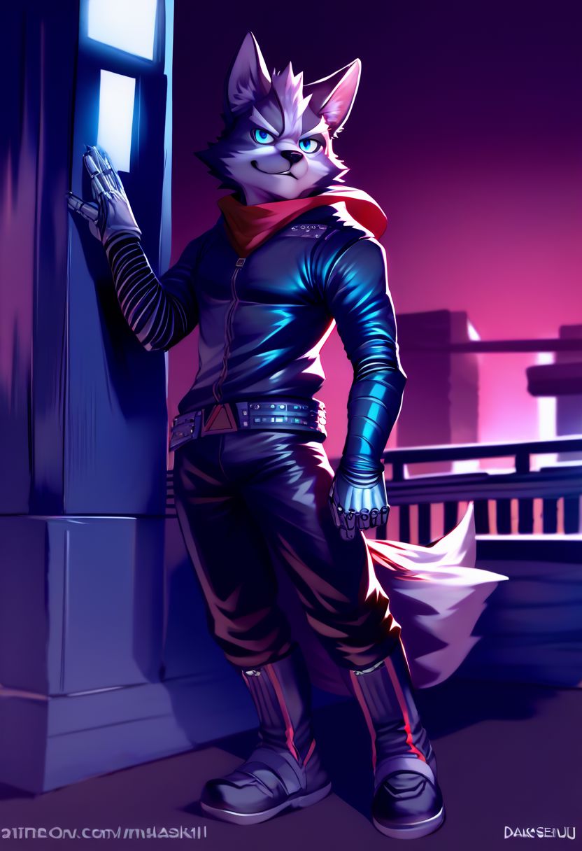 (by chunie, by darkgem, by bassenji, by nurinaki, source_furry, score_9, score_8_up, score_7_up, score_6), male focus, solo, athletic male, dark theme, low light), score_5, score_4_up, male, fluffy tail, blue eyes, 
black nose, fox, pointed ears like a wolf's,dead space and vantage apex legends symbiote clothes with hood, winter and black shades of the suit with white and blue elements, spaceship, solo, leaning against the wall, high quality eyes, high quality face, night, (high quality, high resolution, masterpiece), solo, anime work smiling, man, slender body, key visual, bright, studio anime, high detail Milkytiger1145:0.9, author granato : 0.5, the prosthesis of the right hand is high-tech,  metal prosthesis up to elbows, The cybernetic hand right, The right hand is completely cybernetic, full-length image