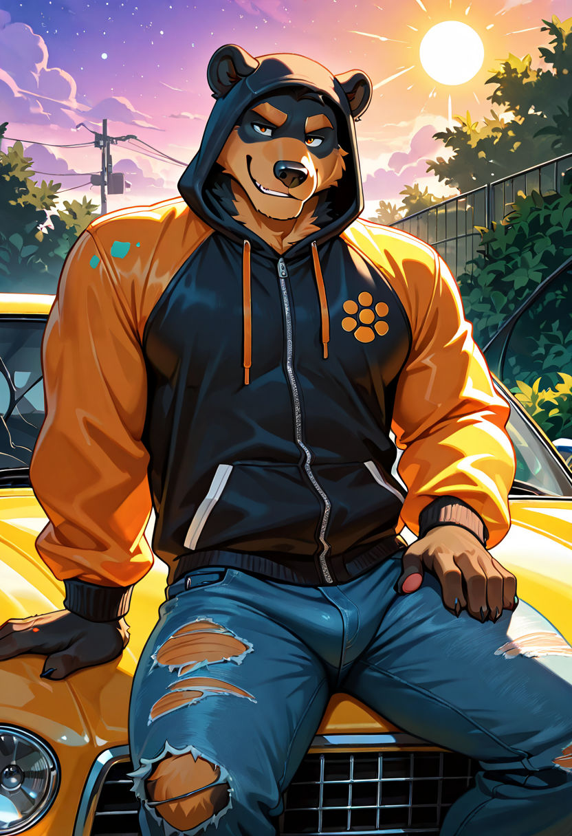4k, score_9, score_8_up, score_7_up,  mature, male focus, male, (detailed face), (detailed eyes), sharp focus, masterpiece, best quality, amazing quality, anthro,  male focus, furry male, furry, bara, 5finger, Sun Bear anthro, Bush Dog umber fur, sitting on car hood, jacket off, one hand on thigh, smirking timidly with lonely vibe, ethereal dreamscape with shifting colors, cosmic starburst, damaged jeans, l1ndong,