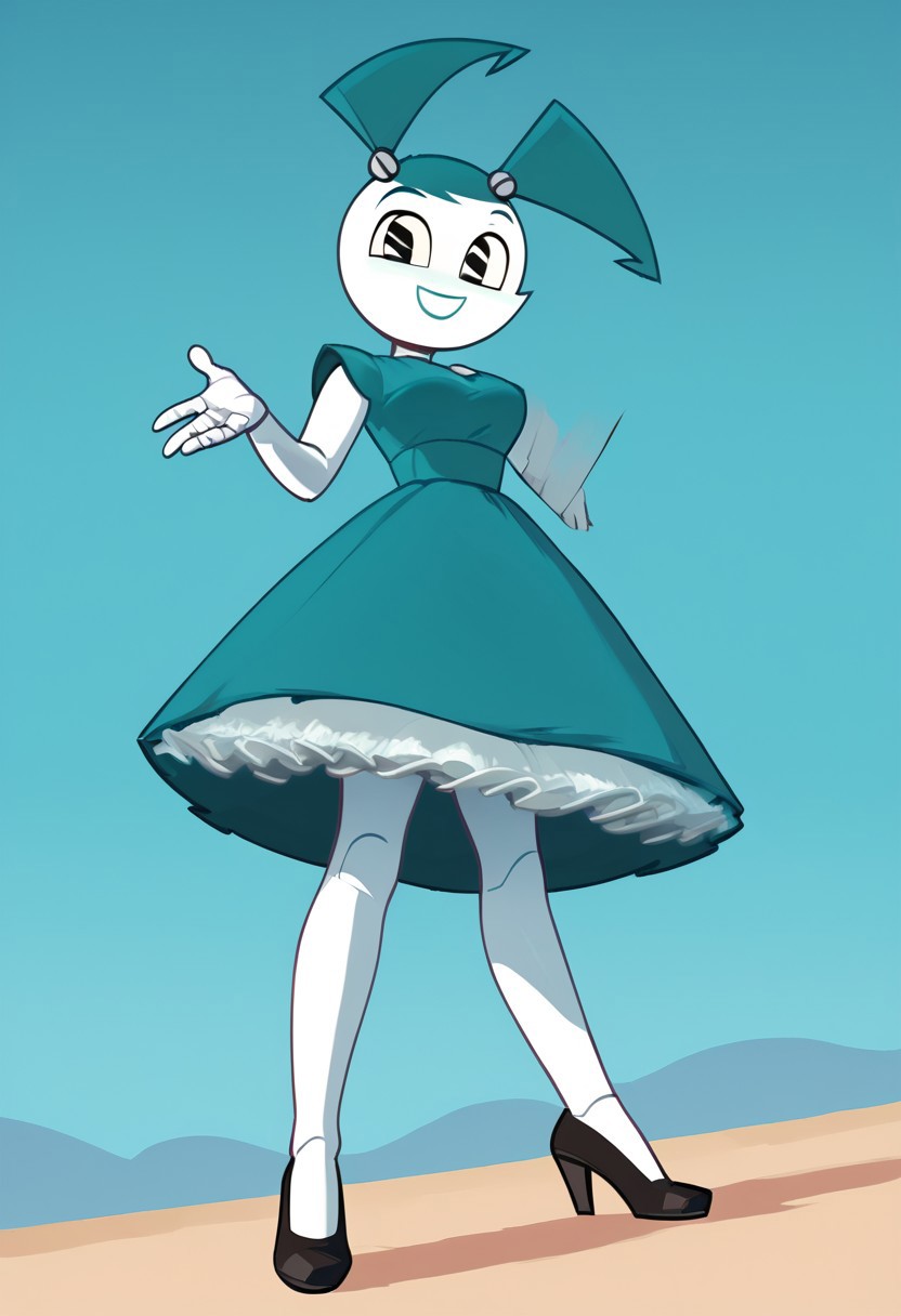(Masterpiece, best quality:1.2), score_9, score_8_up, flat color, flat shading, soft shading, lighting, Jenny Wakeman as an adult, in a 1950's full length formal blue skirt, a white belt, button down v-neck formal black top, a fluffy frilly ruffled full white petticoat, and black high heels, dress, layered petticoat, frilly petticoat, fluffy petticoat, full petticoat, detailed petticoat ((wide skirt, detailed outfit, flowing skirt, long skirt, solid blue colored skirt, black high heels)), blue hair, series accurate, cute, best high quality, high res, robot, humanoid robot, medium breasts, whole body shot, 1girl, ((solo, outdoors, looking at you, low angle)), cute, seductive, seductive smile, half lidded eyes, low angle shot, cartoon, cartoon style, vector, solo, circle dress, 1950s, whisperfoot_style, dance dress jenny, jenny wakeman, 1girl, solo, robot joints, black eyes, white skin, ponytail, hair bow, blue rose chest corsage, poofy dress, blue hair, flat lighting