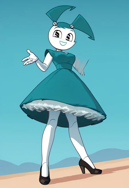 (Masterpiece, best quality:1.2), score_9, score_8_up, flat color, flat shading, soft shading, lighting, Jenny Wakeman as an adult, in a 1950's full length formal blue skirt, a white belt, button down v-neck formal black top, a fluffy frilly ruffled full white petticoat, and black high heels, dress, layered petticoat, frilly petticoat, fluffy petticoat, full petticoat, detailed petticoat ((wide skirt, detailed outfit, flowing skirt, long skirt, solid blue colored skirt, black high heels)), blue hair, series accurate, cute, best high quality, high res, robot, humanoid robot, medium breasts, whole body shot, 1girl, ((solo, outdoors, looking at you, low angle)), cute, seductive, seductive smile, half lidded eyes, low angle shot, cartoon, cartoon style, vector, solo, circle dress, 1950s, whisperfoot_style, dance dress jenny, jenny wakeman, 1girl, solo, robot joints, black eyes, white skin, ponytail, hair bow, blue rose chest corsage, poofy dress, blue hair, flat lighting