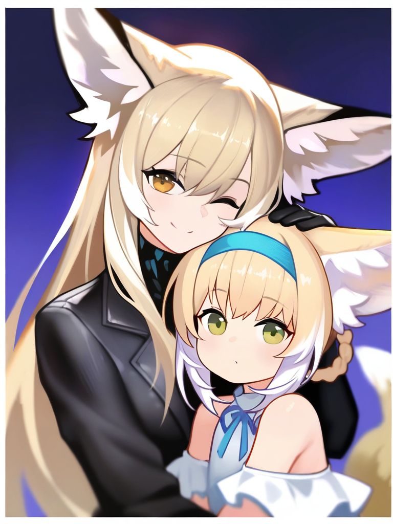 masterpiece, best quality, very aesthetic, highres, absurdres,(miurahha, bacius, ririko \(fhnngririko\):0.4), <lora:vulpisfoglia:1>,blue hairband, suzuran (arknights), white shirt, heads together, one eye closed, looking at viewer, closed mouth, white border, 2girls, smile, material growth, aged down, bare shoulders, purple background, split mouth, black jacket, head on head, ;), black gloves, mother and daughter, carrying person, head rest, scar on cheek, vulpisfoglia (arknights), oripathy lesion (arknights), upper body