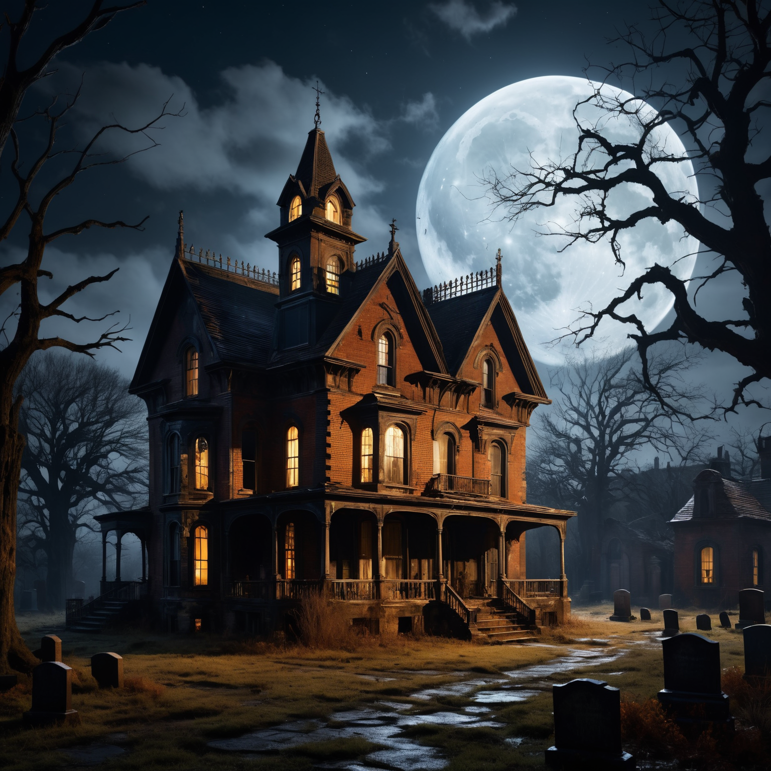 EdobHorrorLandscape,  a photorealistic eerily atmospheric image of a haunted house in a desolate landscape. The scene is set under a full moon, casting an ethereal glow across the setting. The house, central in the composition, should appear old, decrepit, and seemingly abandoned, exuding a sense of foreboding. Its architecture is Victorian, with turrets, tall windows, and a crumbling facade, adding to its ghostly presence. Around the house, scatter numerous graves, each with weathered tombstones, hinting at the house's dark history. The remnants of an old brick and metal wall encircle the property, suggesting a once fortified but now forgotten estate. The surrounding landscape is barren, with a few leafless trees silhouetted against the moonlit sky, enhancing the haunted ambiance. The entire scene should be cinematic in quality, with a focus on realistic textures and details, such as peeling paint on the house, rust on the metal, and moss on the bricks. The lighting should be moody and dramatic, with shadows and highlights playing off the house and graves, creating an intensely scary and immersive environment. <lora:EdobHorrorLandscape_XL_v1.0:0.8>,<lora:add-detail-xl:1.2>, 8k, uhd, masterpiece, high quality, best quality