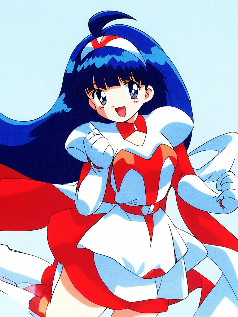 score_9, score_8_up, score_7_up, source_anime, rating_explicit, BREAK  <lora:Tsurugino_Hikari_XL:1>Tsurugino_Hikari, long hair, blue hair, 1990s (style), hairband, blue eyes, bangs, ahoge, small breasts,
Tsurugino_Hikari, 1girl, retro artstyle, solo, 1990s (style), open mouth, cape, boots, armor, smile, knee boots, simple background, gloves, skirt, dress, pauldrons, looking at viewer, shoulder armor