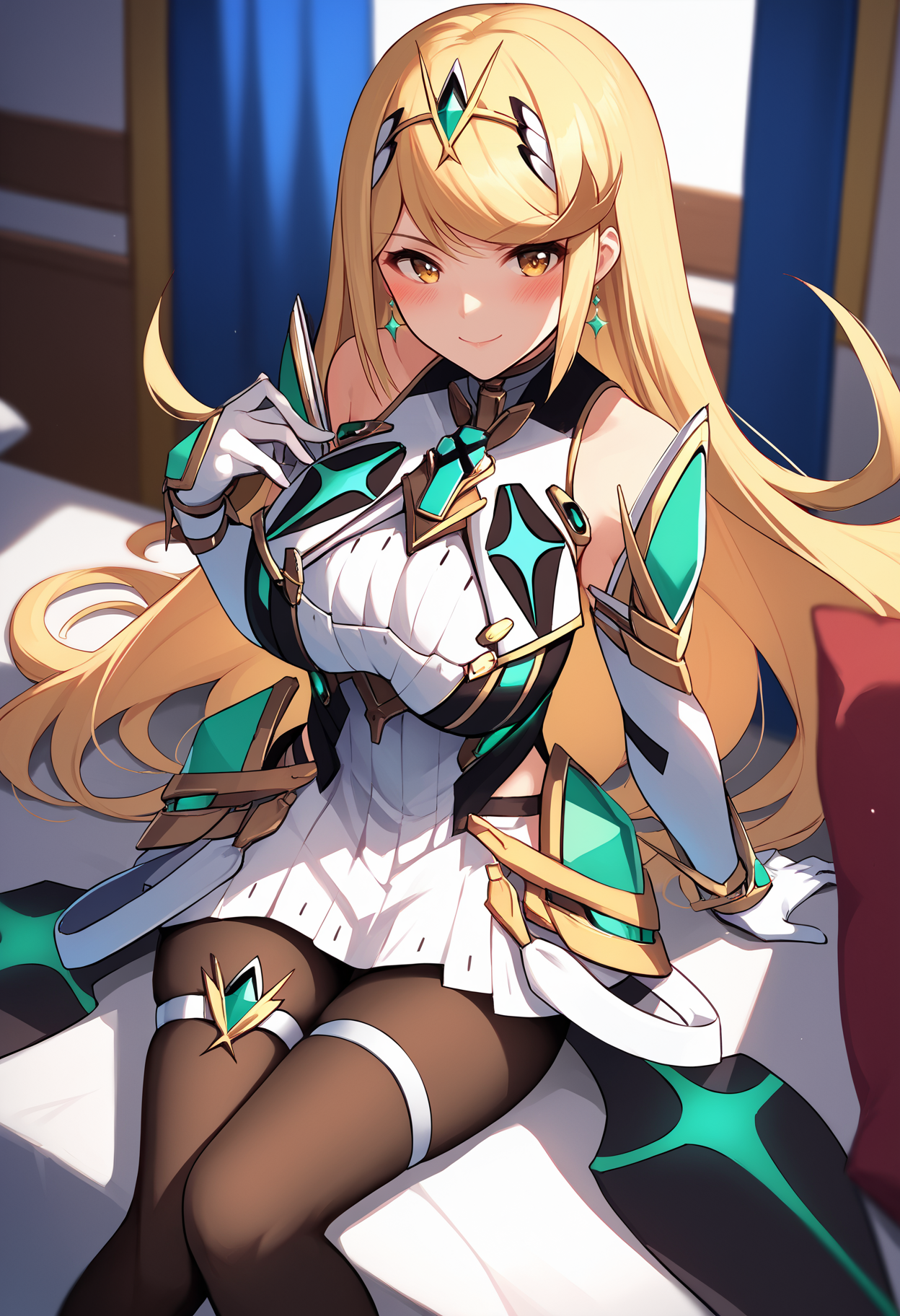score_9, score_8_up, score_7_up, source_anime BREAK 1girl, solo, <lora:mythra-xb-richy-v1_pdxl:1> mthrmm, yellow eyes, blonde hair, long hair, tiara, earrings, chest jewel, large breasts, sleeveless, white skirt, elbow gloves, thigh strap, pantyhose, fantasy, indoors, looking at viewer, smile, blush,