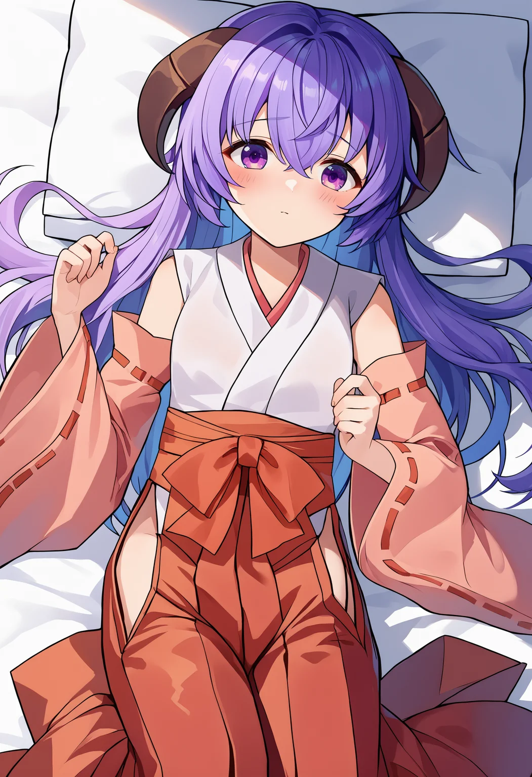 score_9, score_8_up, score_7_up, source_anime, Hanyuu, japanese clothes, long hair, 1girl, detached sleeves, horns, solo, purple hair, hakama, hakama skirt, red hakama, miko, skirt, purple eyes, hair between eyes, ribbon-trimmed sleeves, blush, kimono, wide sleeves , long sleeves, ribbon trim, bangs, shiny hair, blushing <lora:Hanyuupony-000003:1>, lies on the bed, lies