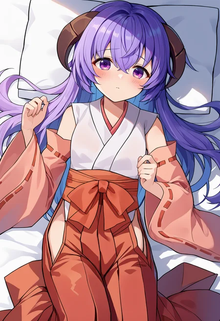 score_9, score_8_up, score_7_up, source_anime, Hanyuu, japanese clothes, long hair, 1girl, detached sleeves, horns, solo, purple hair, hakama, hakama skirt, red hakama, miko, skirt, purple eyes, hair between eyes, ribbon-trimmed sleeves, blush, kimono, wide sleeves , long sleeves, ribbon trim, bangs, shiny hair, blushing <lora:Hanyuupony-000003:1>, lies on the bed, lies